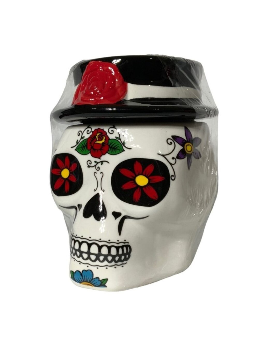 Canister Jar Sugar Skull Ceramic Hand Painted With Lid Colorful Multicolor White
